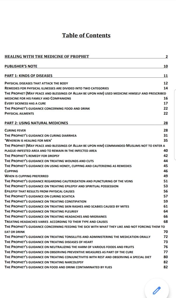 Table content 1: Healing with the Medicine of the Prophet